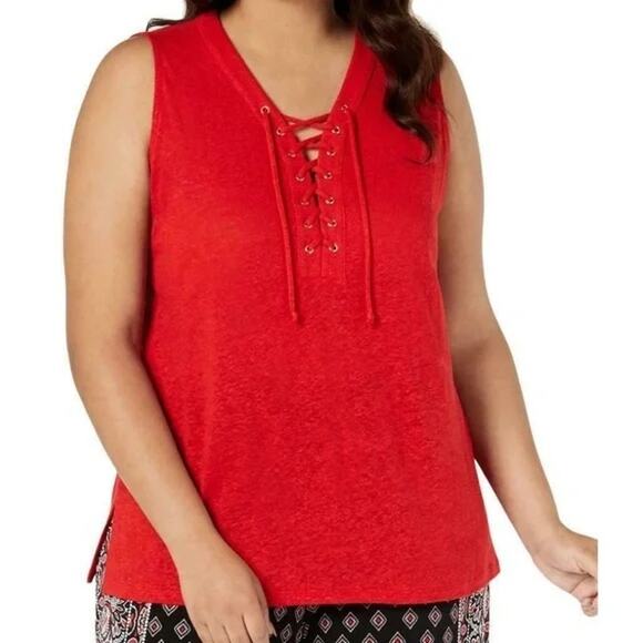 INC International Concepts Red Linen V-Neck Lace Up Sleeveless Tank Top Sz Large - Picture 1 of 8